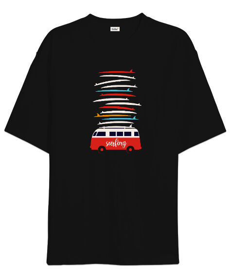 Tisho - Surfing Siyah Oversize Unisex Tişört
