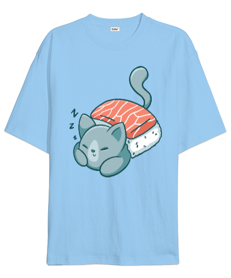 Tisho - Sushi Cat Buz Mavisi Oversize Unisex Tişört
