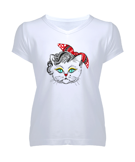 Tisho - Süslü Kedi - Cat Beyaz Kadın V Yaka Tişört