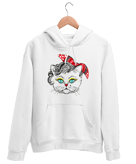 Tisho - Süslü Kedi - Cat Beyaz Unisex Kapşonlu Sweatshirt