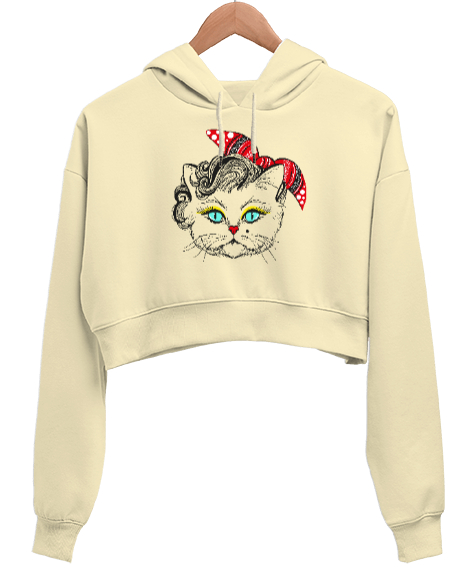Tisho - Süslü Kedi - Cat Krem Kadın Crop Hoodie Kapüşonlu Sweatshirt