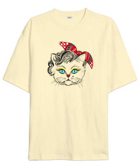 Tisho - Süslü Kedi - Cat Krem Oversize Unisex Tişört