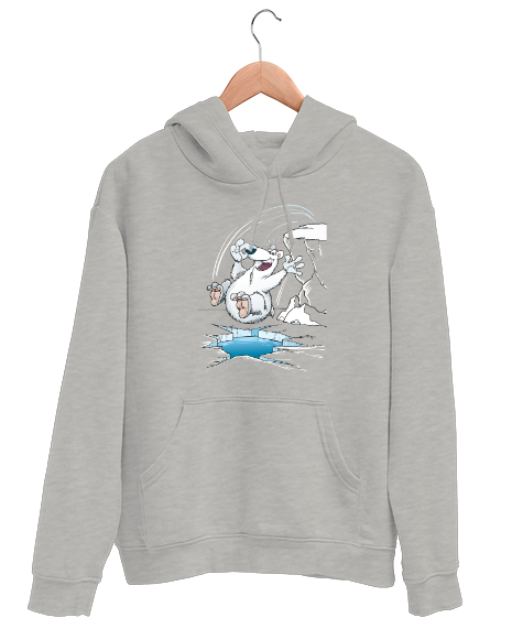 Tisho - Suya Atlayan Eğlenen Kutup Ayısı Gri Unisex Kapşonlu Sweatshirt