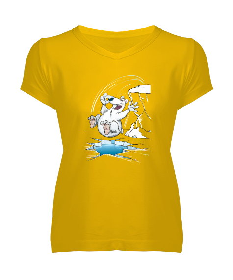 Tisho - Suya Atlayan Eğlenen Kutup Ayısı Sarı Kadın V Yaka Tişört