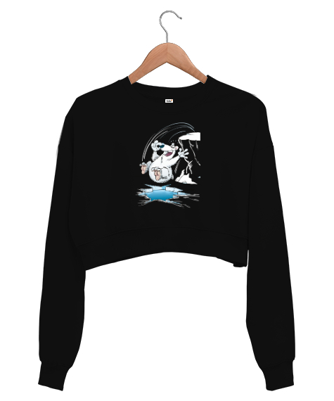 Tisho - Suya Atlayan Eğlenen Kutup Ayısı Siyah Kadın Crop Sweatshirt