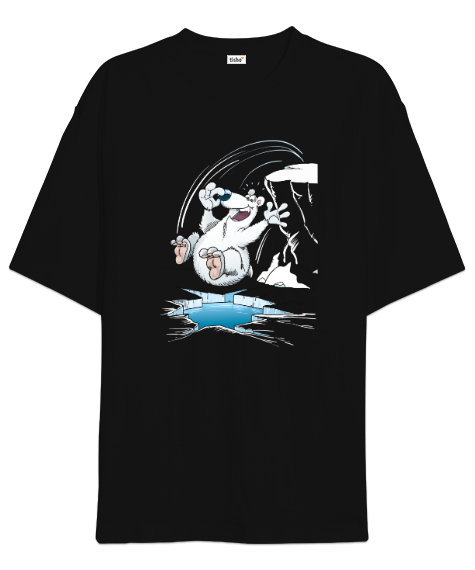 Tisho - Suya Atlayan Eğlenen Kutup Ayısı Siyah Oversize Unisex Tişört