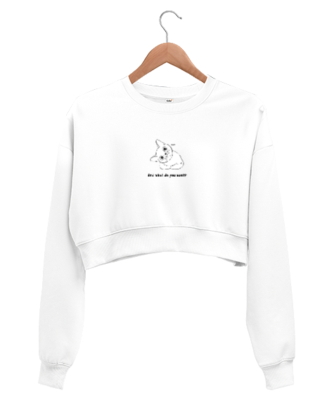 Tisho - Sweet Cat Beyaz Kadın Crop Sweatshirt