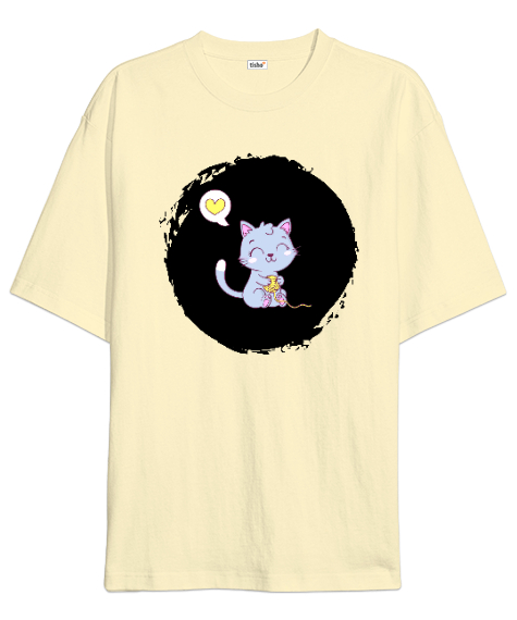 Tisho - Sweet Cat - Şirin Kedi Krem Oversize Unisex Tişört