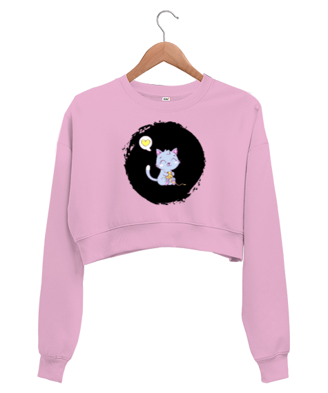 Tisho - Sweet Cat - Şirin Kedi Pembe Kadın Crop Sweatshirt