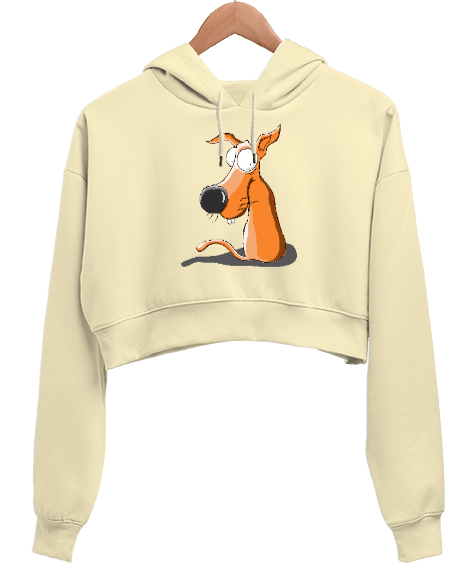 Tisho - Sweet Dog - Sevimli Köpek Krem Kadın Crop Hoodie Kapüşonlu Sweatshirt
