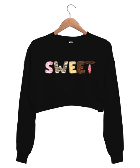 Tisho - Sweet Donut Siyah Kadın Crop Sweatshirt