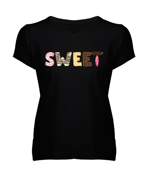 Tisho - Sweet Donut Siyah Kadın V Yaka Tişört