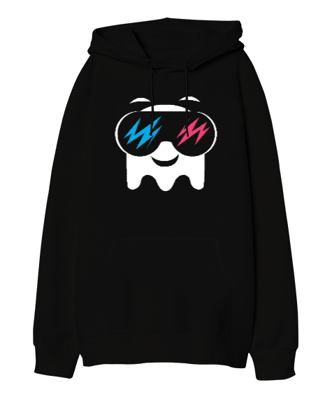 Tisho - Sweet Ghost - Sevimli Hayalet Siyah Oversize Unisex Kapüşonlu Sweatshirt