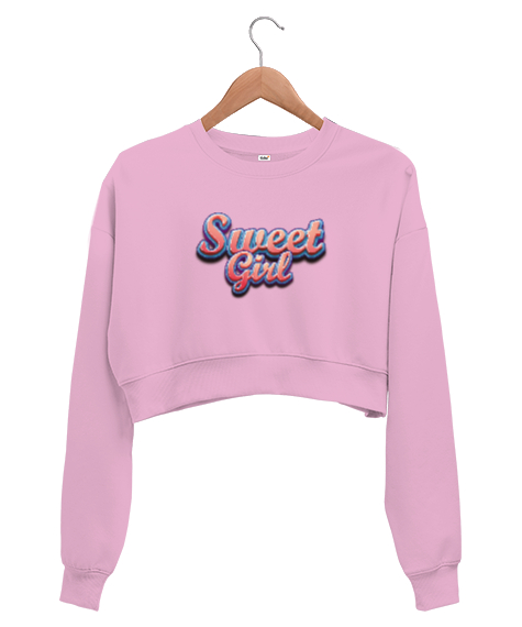 Tisho - Sweet Girl - Tatlı - Şirin Pembe Kadın Crop Sweatshirt