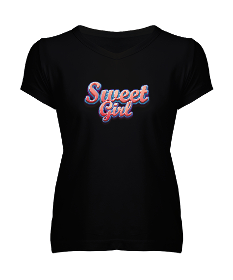 Tisho - Sweet Girl - Tatlı - Şirin Siyah Kadın V Yaka Tişört