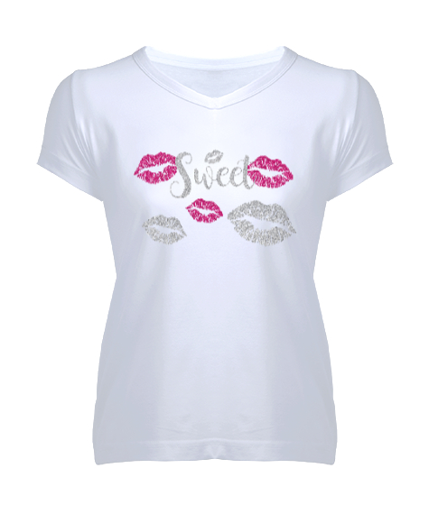 Tisho - Sweet Lips - Dudaklar Beyaz Kadın V Yaka Tişört