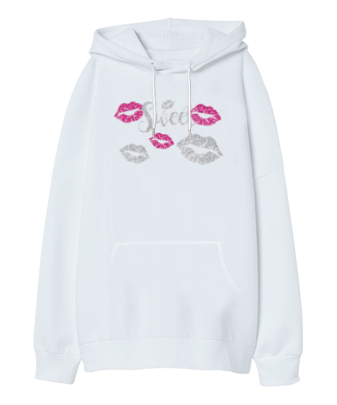 Tisho - Sweet Lips - Dudaklar Beyaz Oversize Unisex Kapüşonlu Sweatshirt