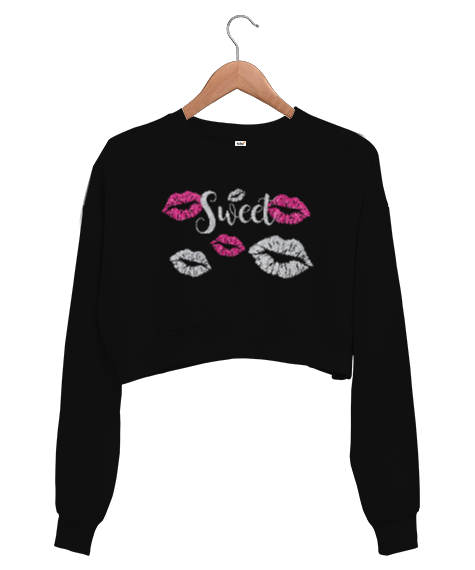 Tisho - Sweet Lips - Dudaklar Siyah Kadın Crop Sweatshirt