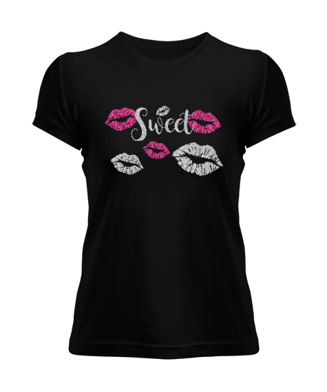Tisho - Sweet Lips - Dudaklar Siyah Kadın Tişört