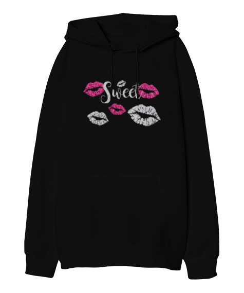 Tisho - Sweet Lips - Dudaklar Siyah Oversize Unisex Kapüşonlu Sweatshirt