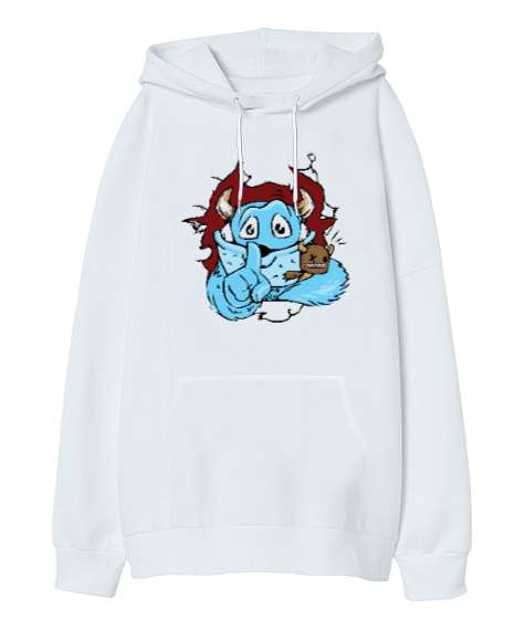 Tisho - Sweet Monster - Sevimli Canavar Beyaz Oversize Unisex Kapüşonlu Sweatshirt