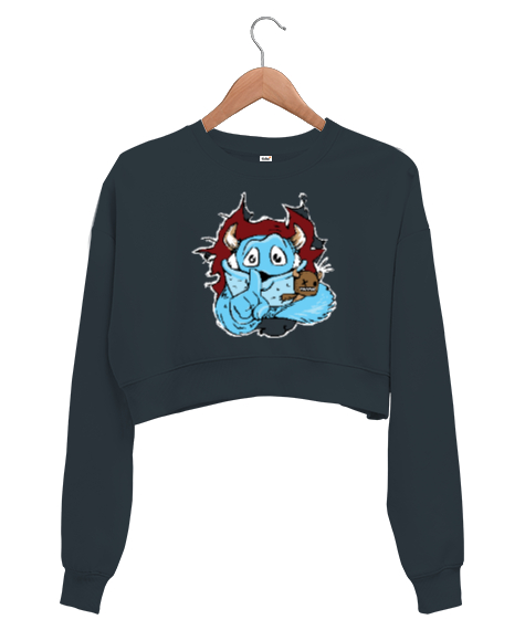 Tisho - Sweet Monster - Sevimli Canavar Füme Kadın Crop Sweatshirt