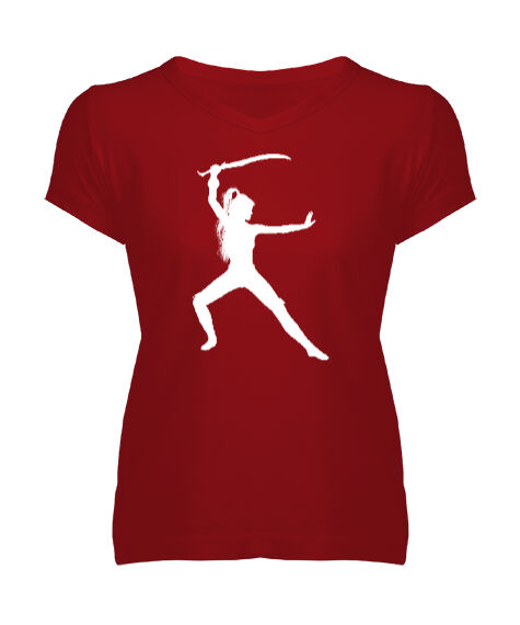 Tisho - Sword Woman Kırmızı Kadın V Yaka Tişört