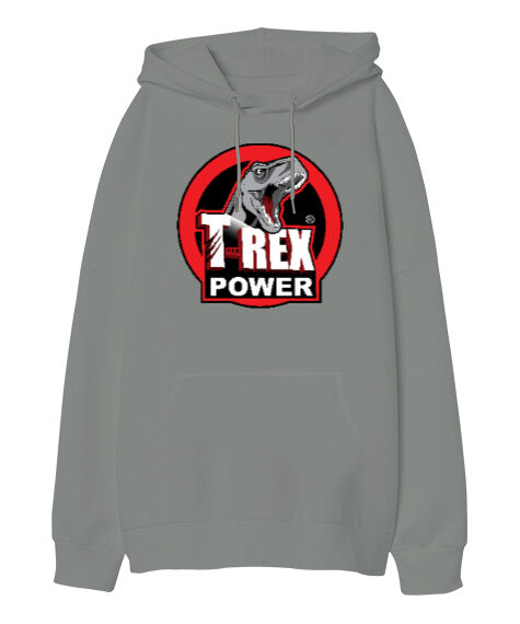 Tisho - T-Rex Power Gri Oversize Unisex Kapüşonlu Sweatshirt