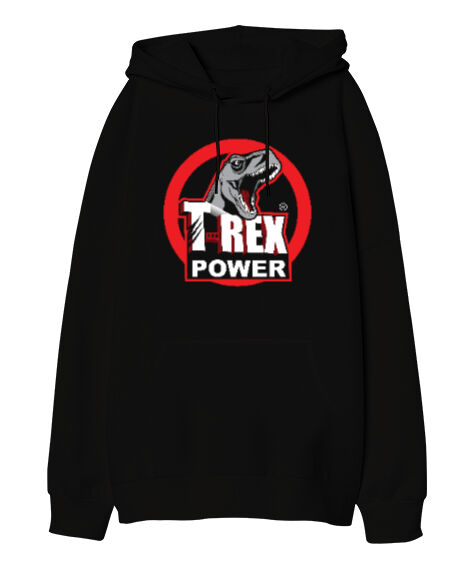 Tisho - T-Rex Power Siyah Oversize Unisex Kapüşonlu Sweatshirt