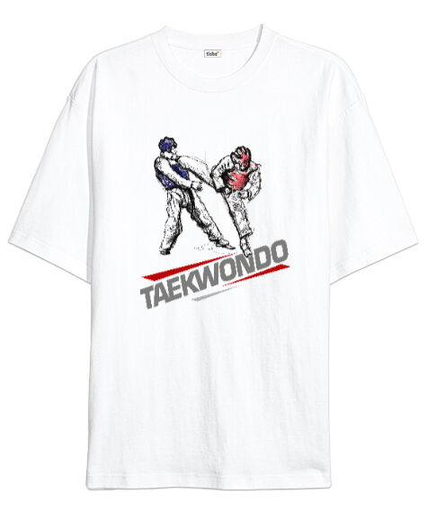 Tisho - Taekwondo Blu V1 Beyaz Oversize Unisex Tişört