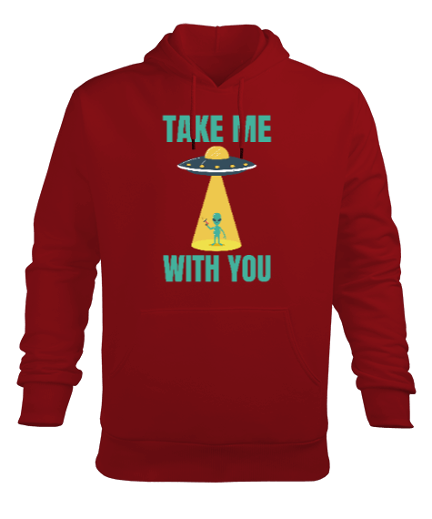 Tisho - Take Me With You Alien Baskılı Kırmızı Erkek Kapüşonlu Hoodie Sweatshirt