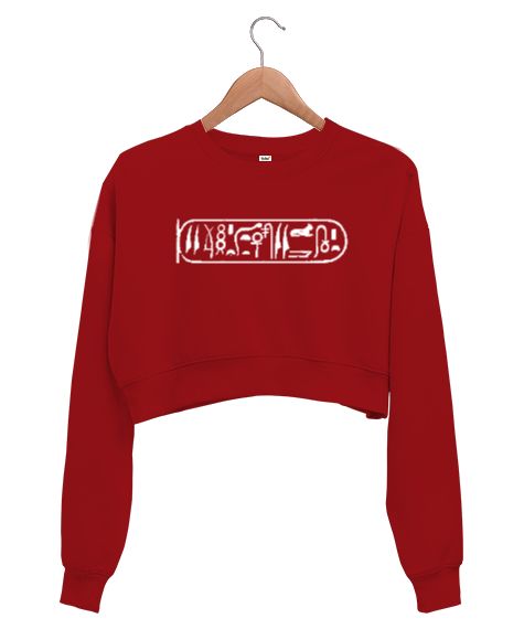 Tisho - Tarihi Hiyeroglif Yazı Kırmızı Kadın Crop Sweatshirt