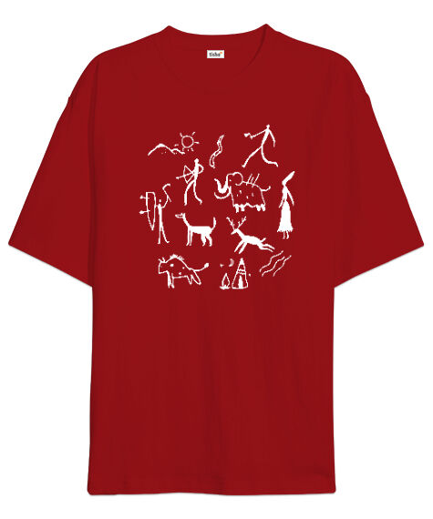 Tisho - Tarihi - Mağara - Çizimler Kırmızı Oversize Unisex Tişört