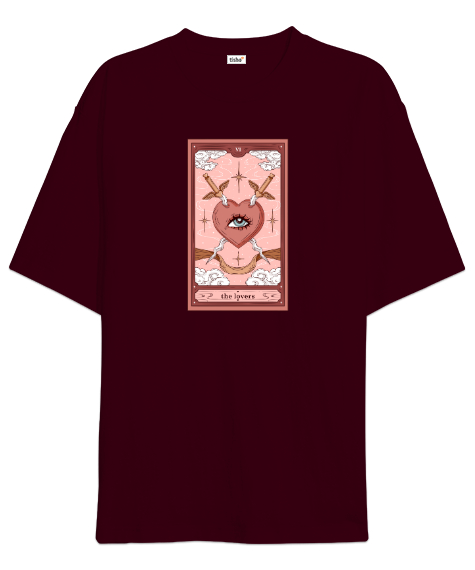 Tarot Kart - Lovers - Kalp ve Kılıçlar Bordo Oversize Unisex Tişört - Tisho