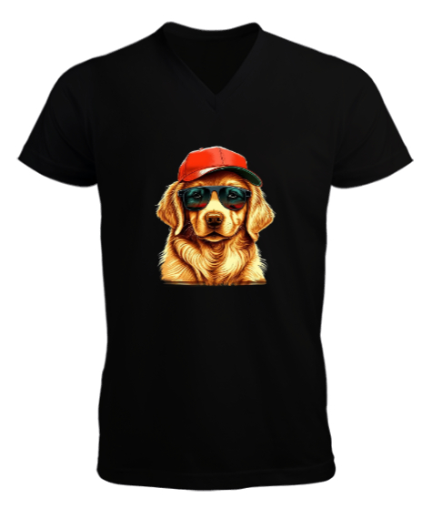 Tisho - Tarz golden köpek baskılı Siyah Erkek Kısa Kol V Yaka Tişört