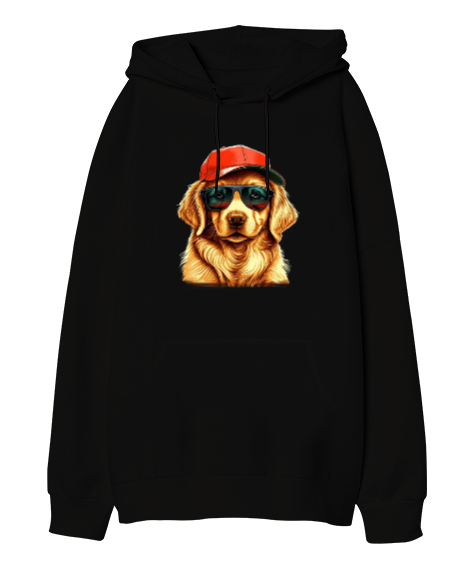 Tisho - Tarz golden köpek baskılı Siyah Oversize Unisex Kapüşonlu Sweatshirt