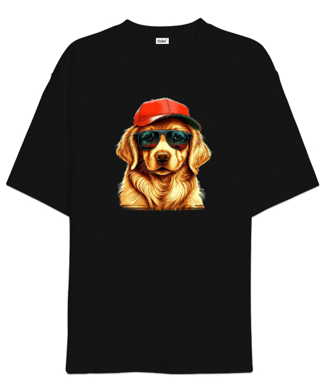 Tisho - Tarz golden köpek baskılı Siyah Oversize Unisex Tişört