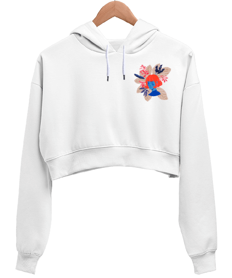 Tisho - Tasarım Desenli Beyaz Kadın Hoodie Kadın Crop Hoodie Kapüşonlu Sweatshirt