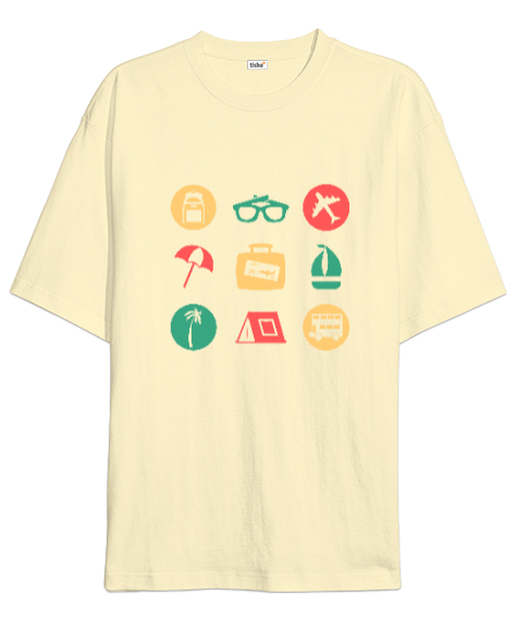 Tisho - Tatil Modu - Tatil Severler Gözlük Uçuş Yazlık ve Kamp Krem Oversize Unisex Tişört
