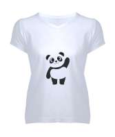 TATLI PANDA Beyaz Kadın V Yaka Tişört - Tisho