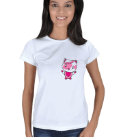 Tatlı pembe kedili kadın tişört Kadın Tişört - Thumbnail