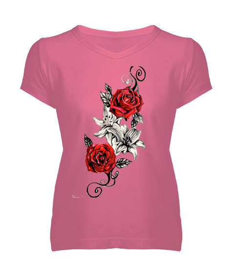 Tisho - Tattoo rose tattooo flower arranging Kadın V Yaka Tişört