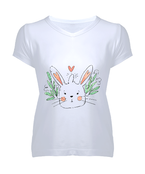 Tisho - tavşan hayvan tasarımlı Kadın V Yaka Tişört
