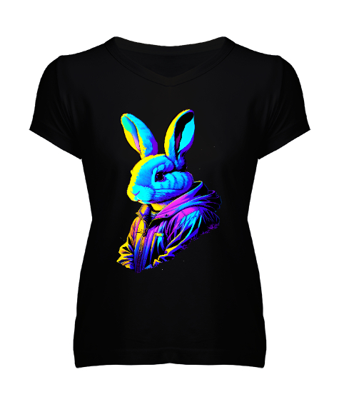 Tisho - tavşan Siyah Kadın V Yaka Tişört