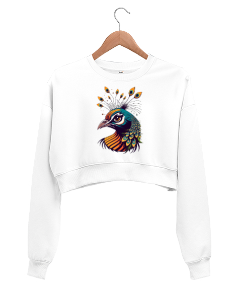 Tisho - Tavus Kuşu Motifli Beyaz Kadın Crop Sweatshirt