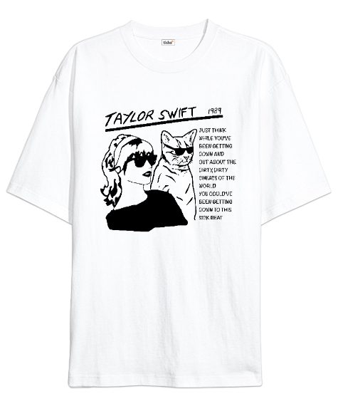 Tisho - Taylor Swift Karma Is A Cat Blu Beyaz Oversize Unisex Tişört