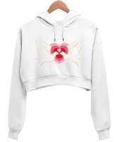 TEK KALP AŞK Beyaz Kadın Crop Hoodie Kapüşonlu Sweatshirt - Tisho