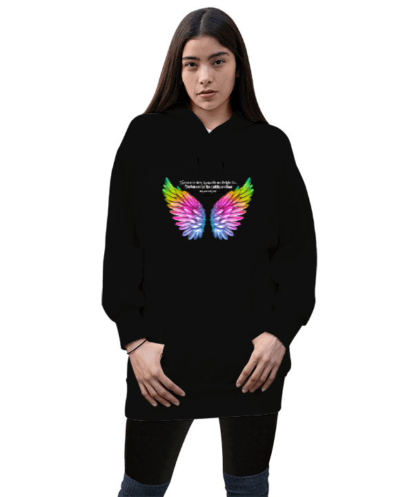 Tisho - Tek Kanatlı Melek Kadın Uzun Hoodie Kapüşonlu Sweatshirt