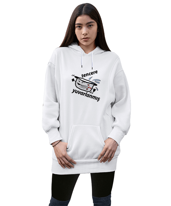 Tisho - TENCERE YUVARLANMIŞ Kadın Uzun Hoodie Kapüşonlu Sweatshirt