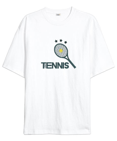 Tisho - Tenis raketi desen tasarım baskılı Beyaz Oversize Unisex Tişört
